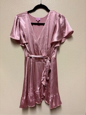 miami Satin Blush Pink Wrap Mini Dress with Ruffle Hem